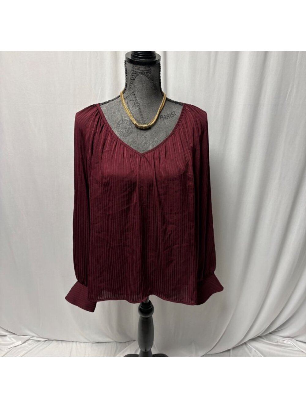 Nine West Blouse Womens Size XL Wine Burgundy Sheer Striped Long Sleeve Top